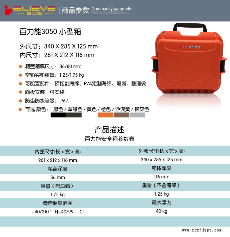 百力能3050PP塑料箱手提工具箱 仪器箱拉杆式防护 箱配海绵防护示例图6